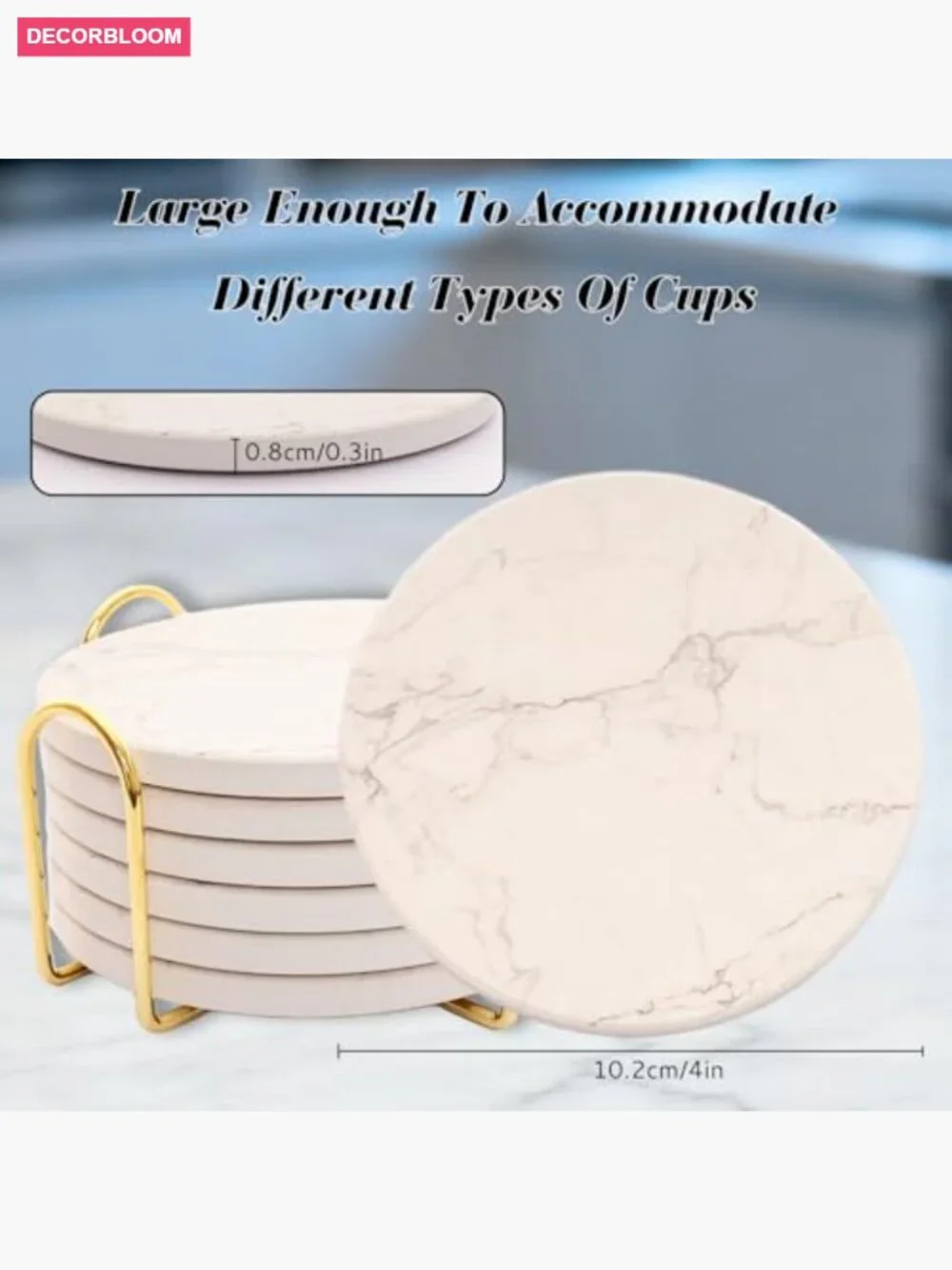 Set of 6 Round Ceramic Stone Coasters with Metal Holder - 4 Inch